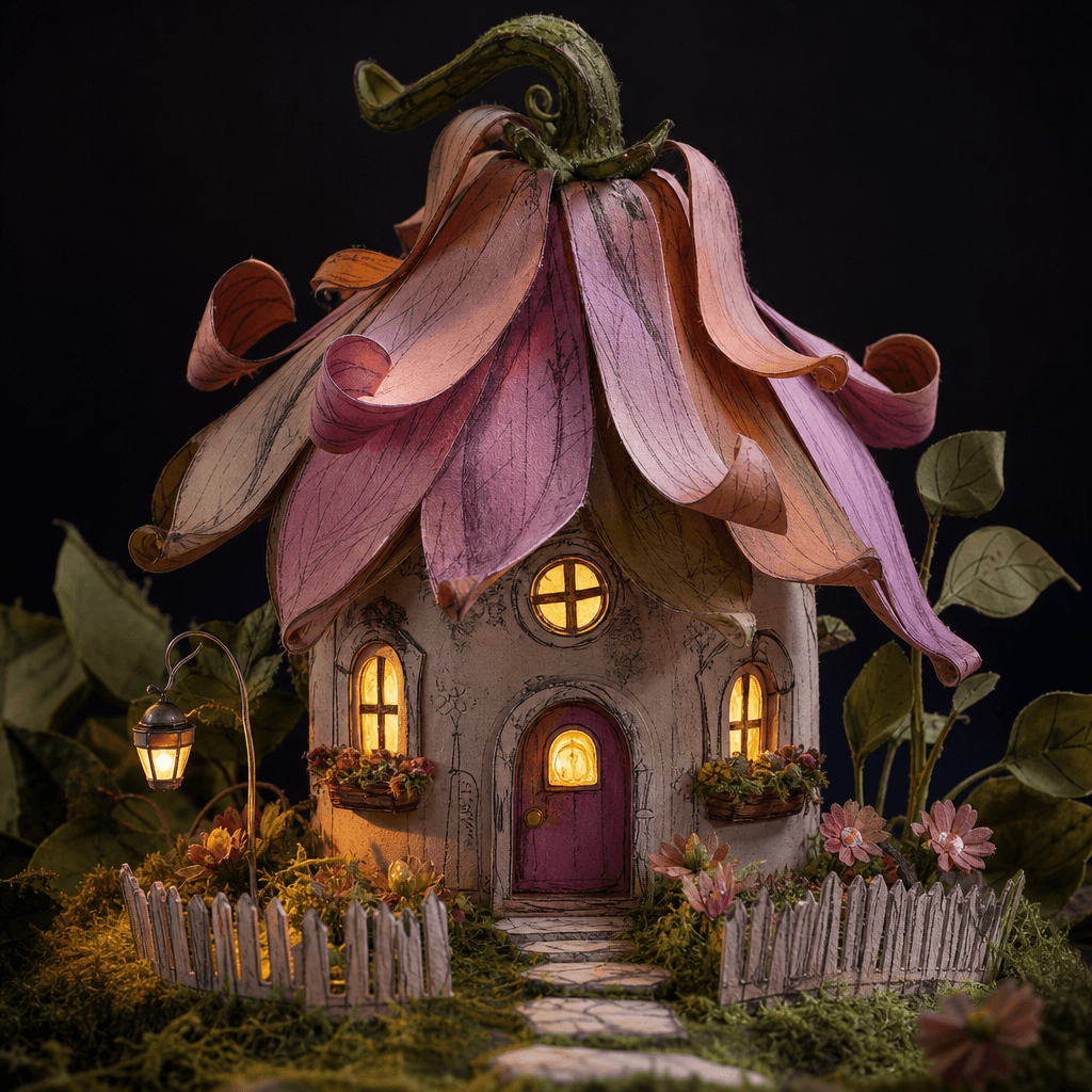 A doodled flower house transformed into a whimsical dimensional environment, with curled paper petals forming the roof a