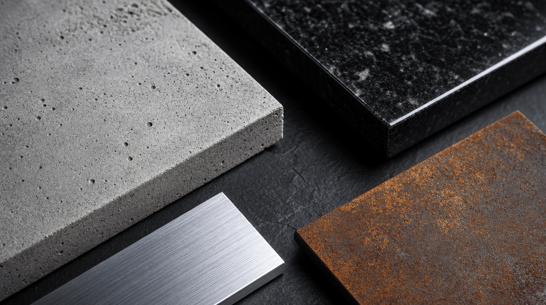 Extreme close-up of architectural material samples arranged on a dark slate surface: raw concrete panel, polished black 