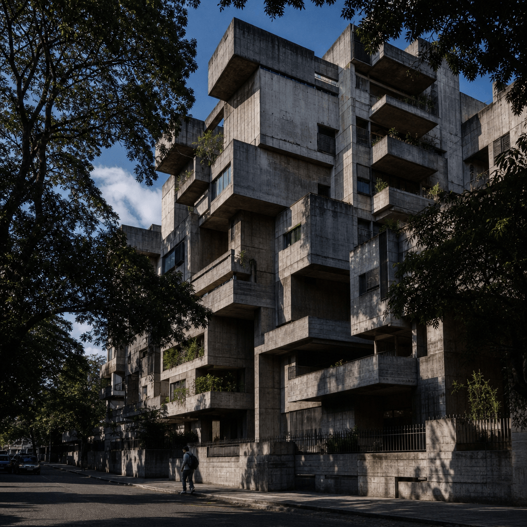 A sculptural brutalist concrete residential complex photographed at street level in a Latin American city. Lush subtropi