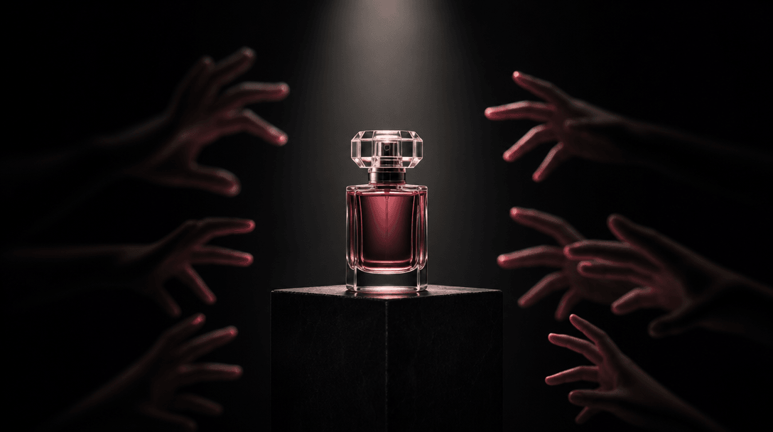 A single premium product glowing under a narrow spotlight while multiple blurred hands reach toward it from surrounding 