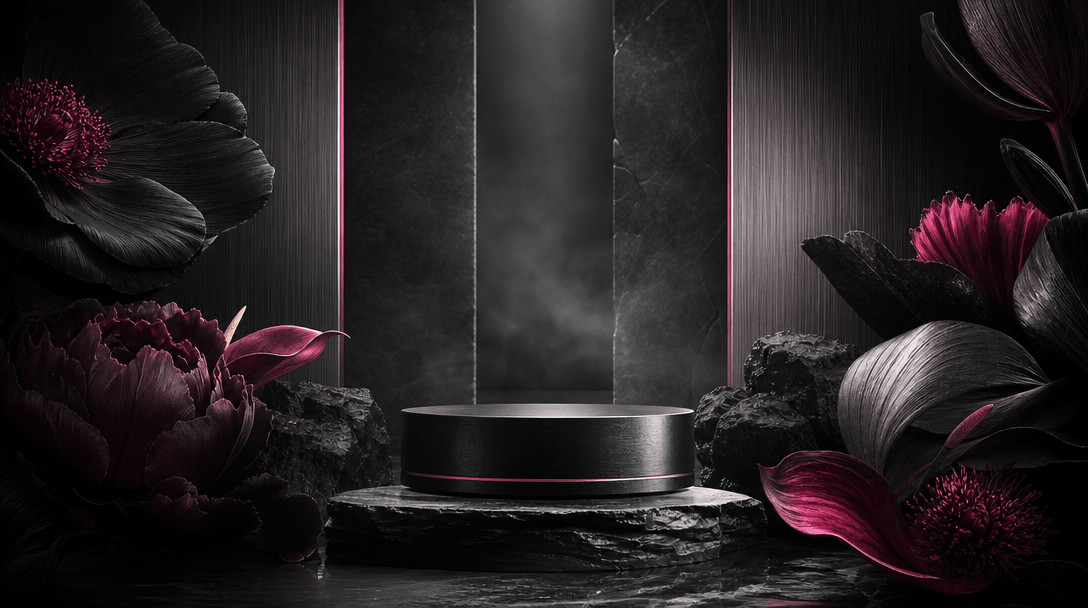 A luxury product campaign set built from black stone, brushed metal, and monumental flowers, dramatic spotlights cutting