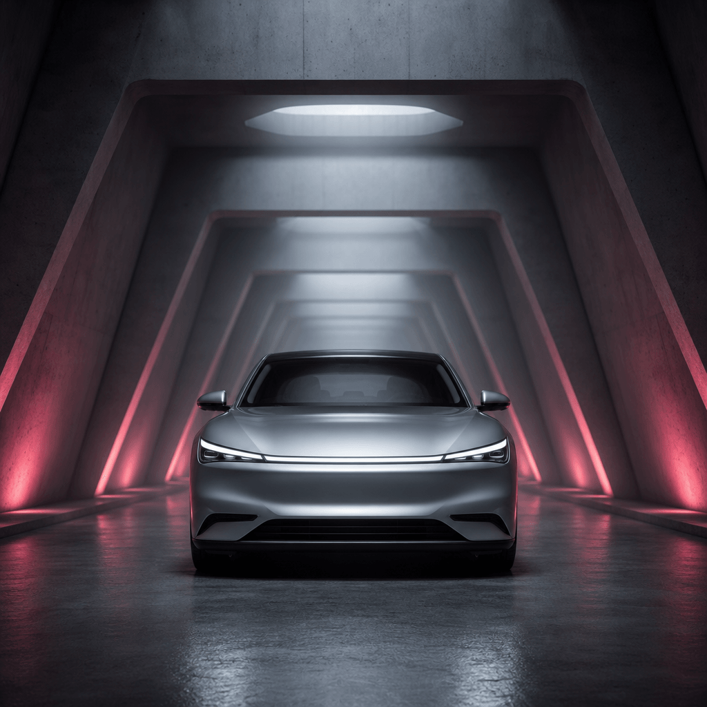 A silver electric sedan centered inside a monumental concrete tunnel, symmetrical automotive poster composition, soft of