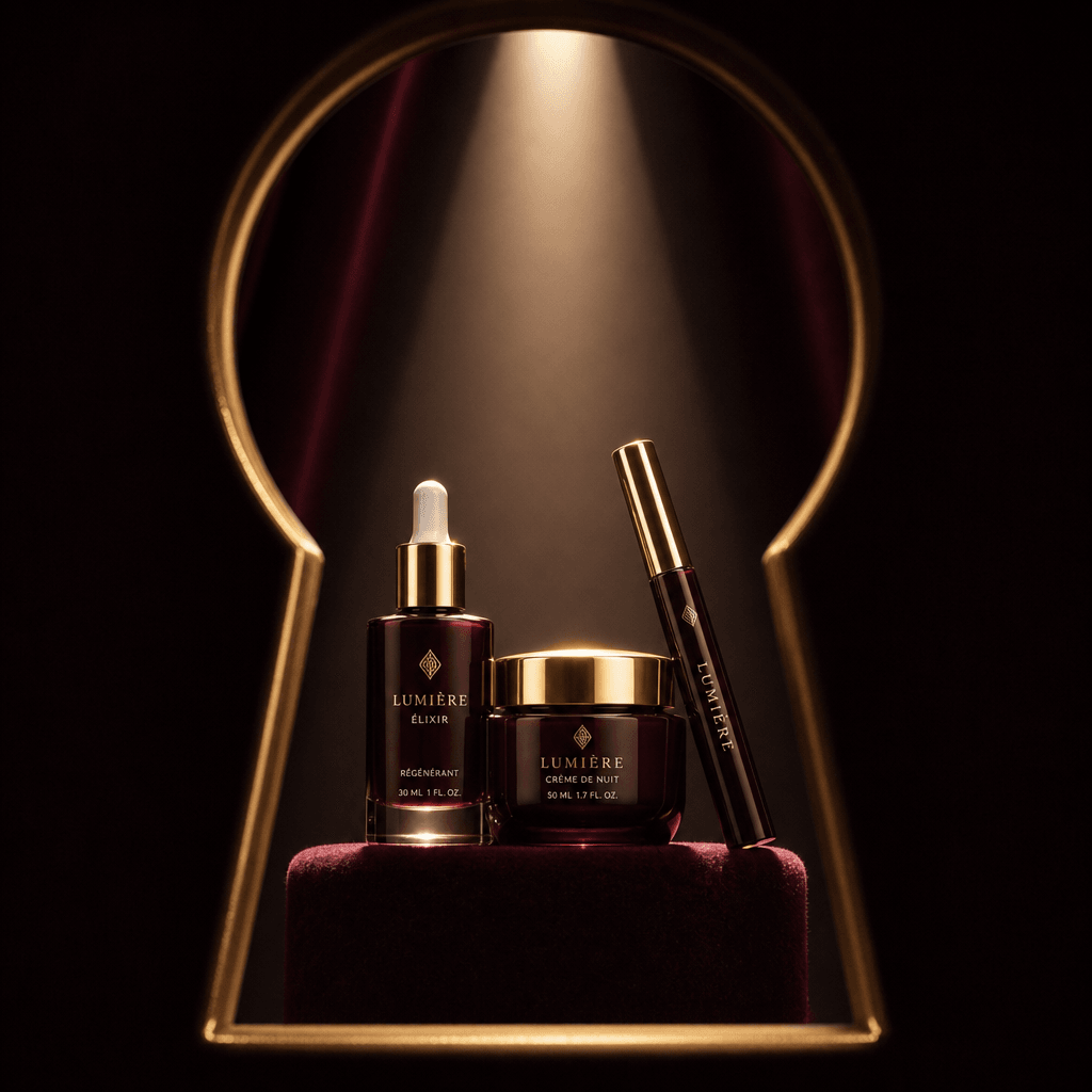 Luxury cosmetics positioned in dramatic keyhole-framed studio lighting with rich jewel tones, dark velvet background, sp