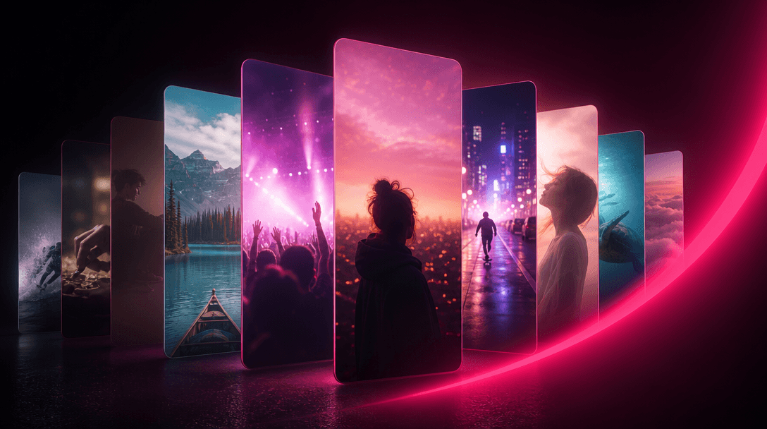 Multiple vertical video frame cards fanned out in a dark space, each emitting a soft inner glow suggesting rendered cont
