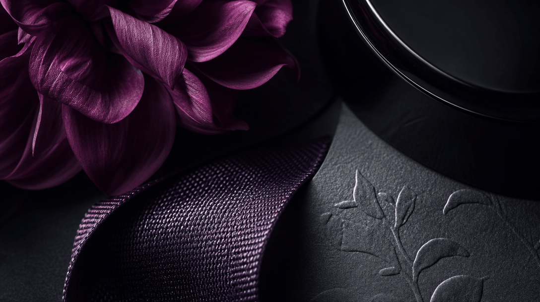 Extreme macro landscape of flower petals, woven ribbon, embossed paper, and a glossy product surface arranged in distinc