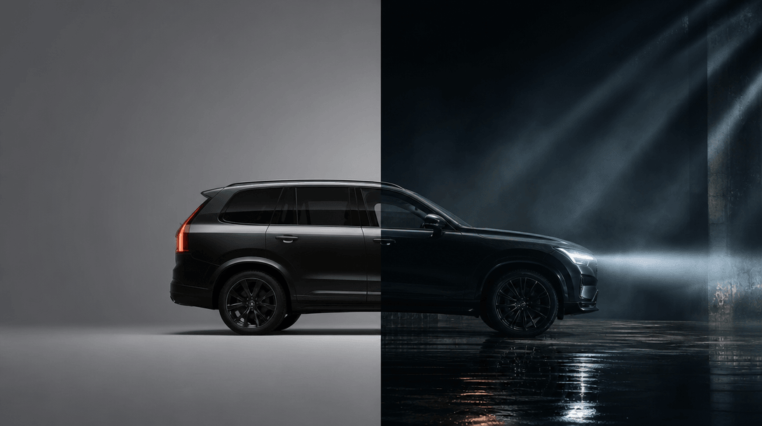 A raw car photograph transforming conceptually into a premium campaign scene through physical light and set design: one 