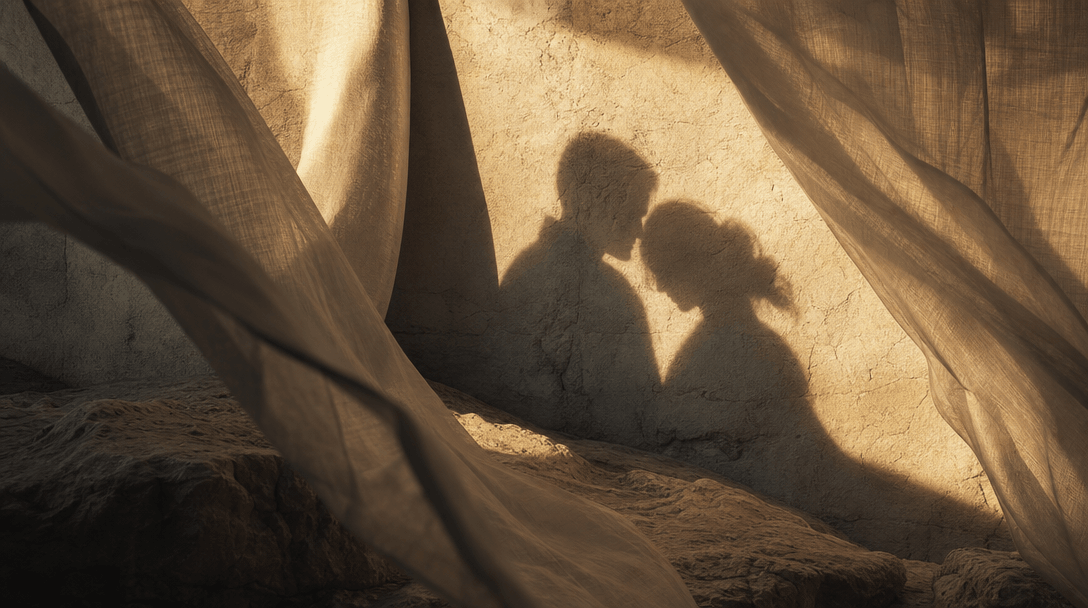 Two abstract human silhouettes suggested through overlapping warm shadows on textured stone, framed by windblown linen a