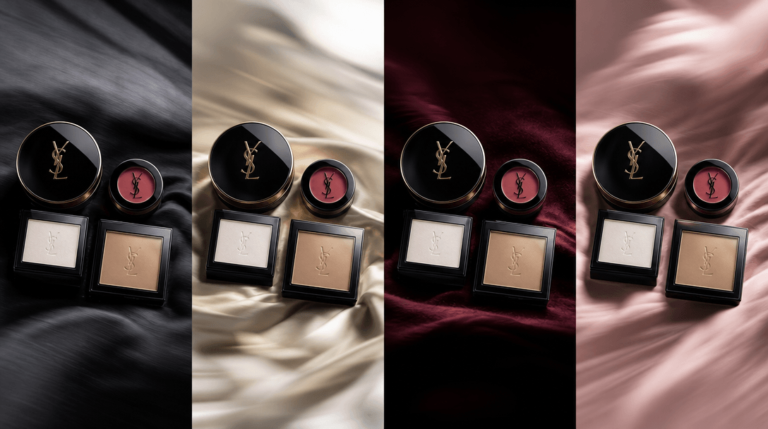 Four coordinated compact beauty products arranged across changing fabric textures while preserving one consistent campai