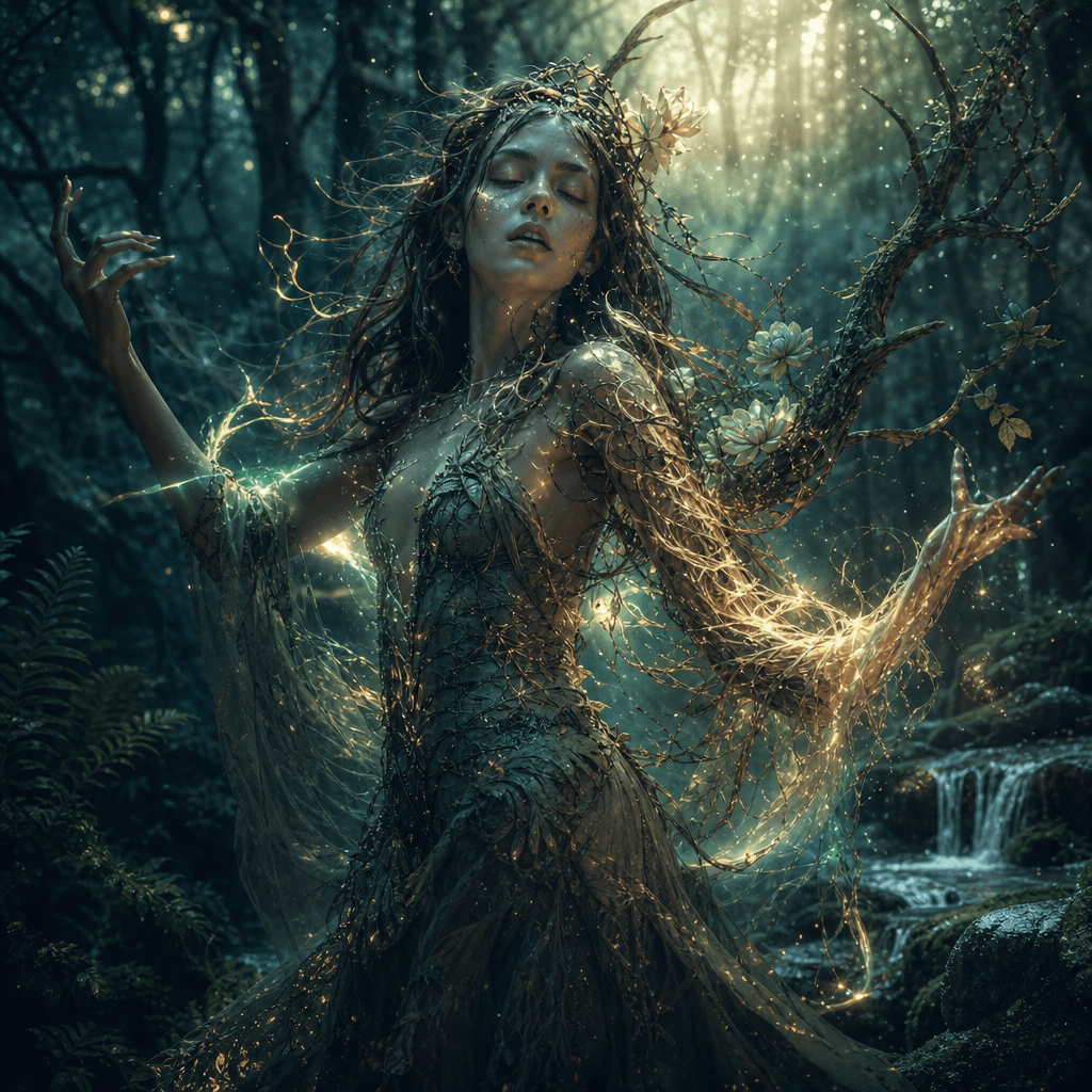 Enchanted portrait with magical transformation effects, mystical forest setting, fantasy ambient lighting, character met