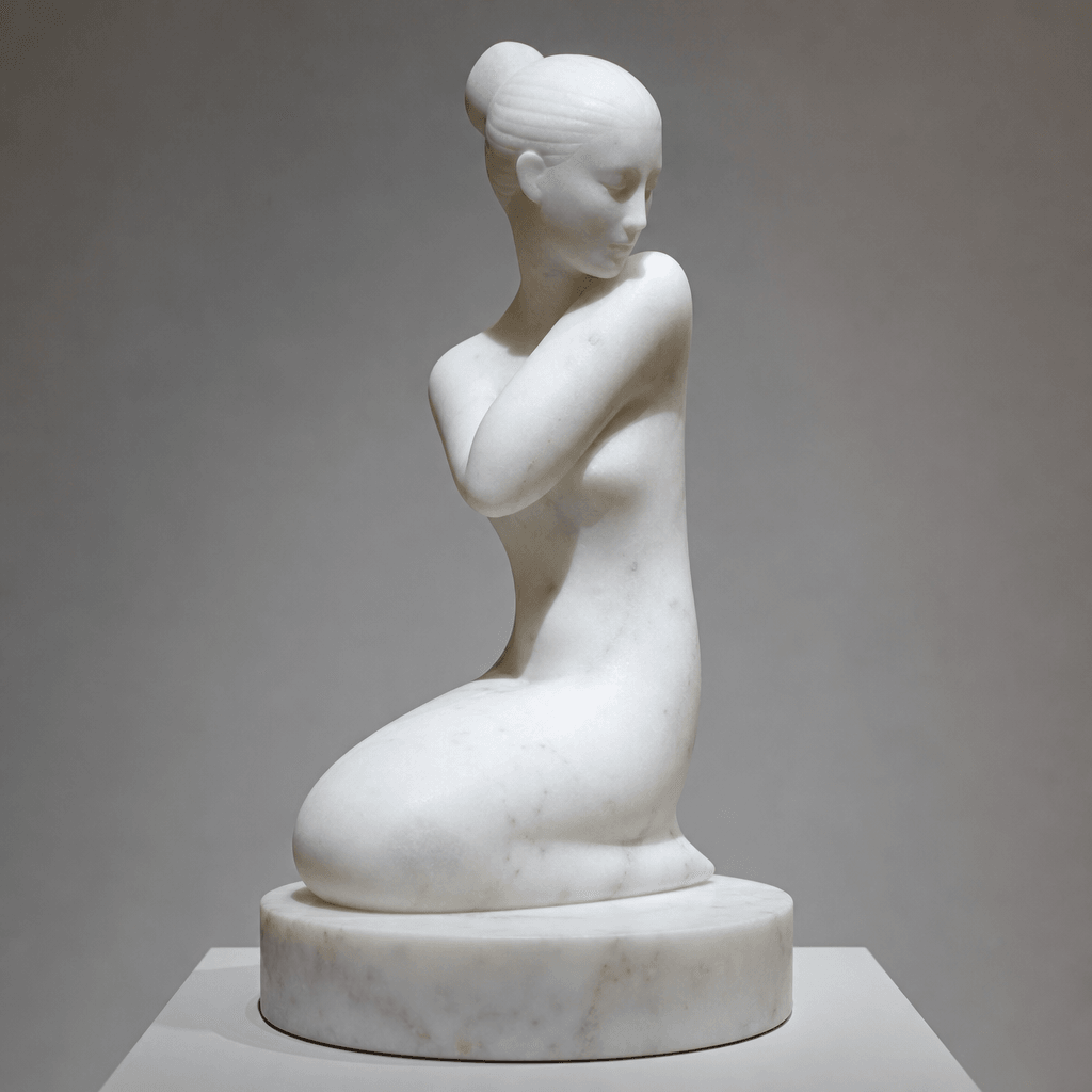 Minimalist white marble figure sculpture, clean gallery lighting, artistic presentation, museum display environment, pro