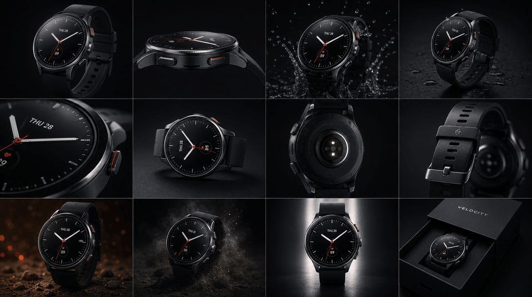 Multiple high-quality product render variations displayed in grid composition, studio lighting, different cinematic angl