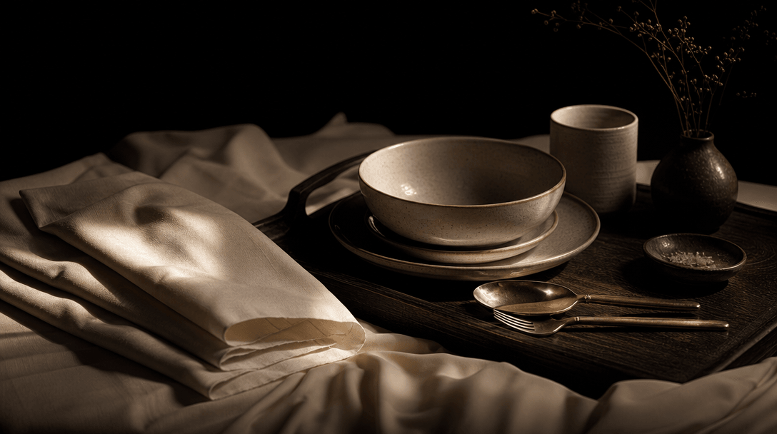 An atmospheric still life of folded ivory sheets, a dark wood serving tray, polished cutlery, ceramic tableware, and con