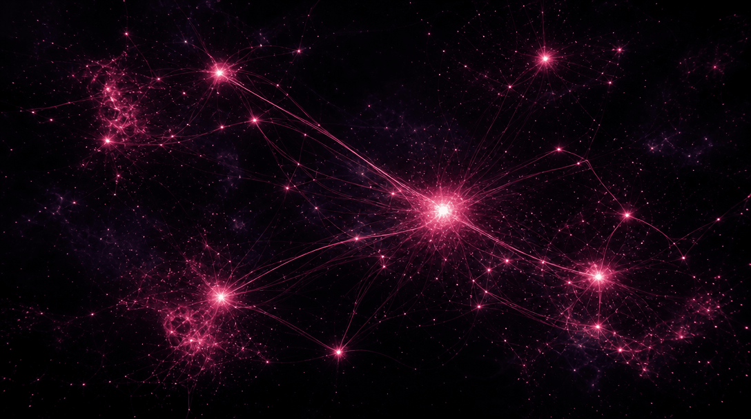 Abstract deep-space visualization: luminous nodes representing AI models connected by fine hot-pink #FE28A7 filaments ag