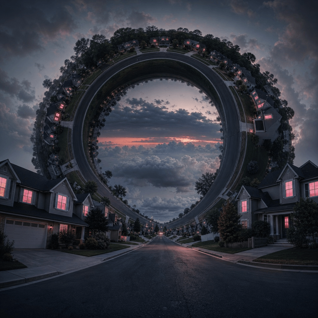 A quiet suburban street transformed into a looping panoramic world where houses climb the curved horizon and clouds appe