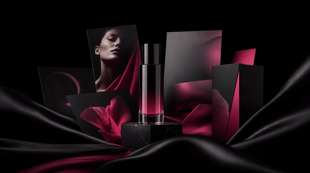 A single luxury cosmetic product surrounded by several physical campaign formats represented as paper cards, magazine sh