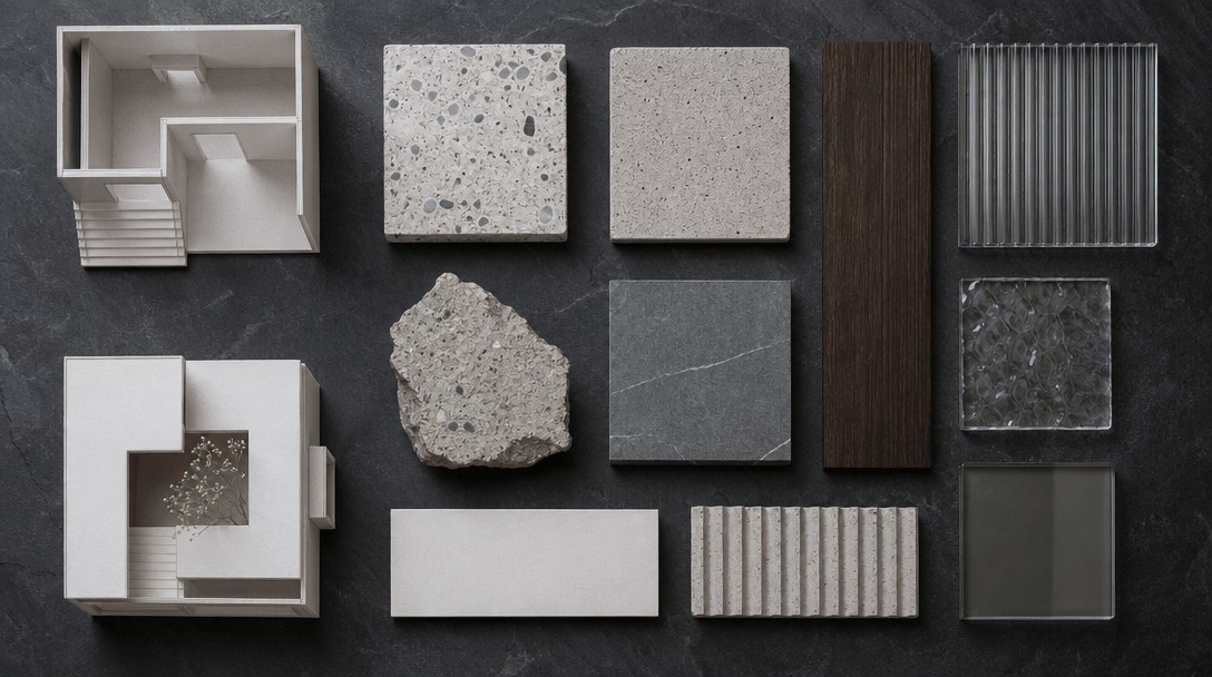 Overhead flat-lay of architectural materials and scale model fragments on a dark slate surface: small white cardboard bu