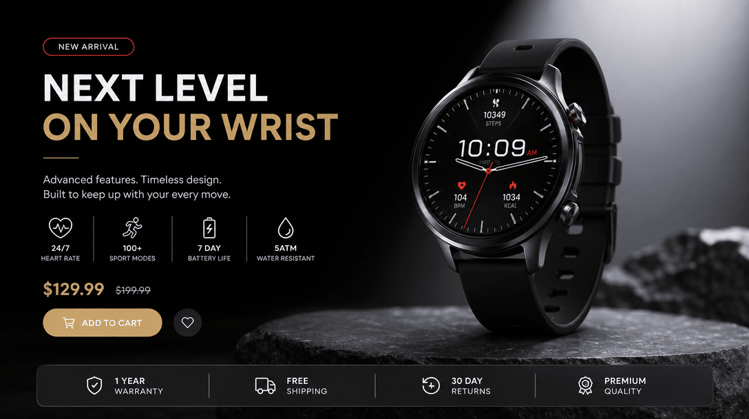 E-commerce product display with modern minimalist layout on dark background, studio spotlight on product, clean professi