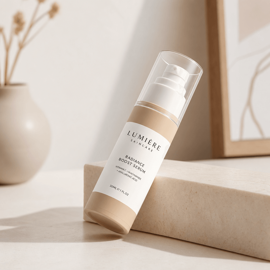 Alternative angle product shot: product tilted at dynamic 45-degree angle, minimalist interior background, soft diffused