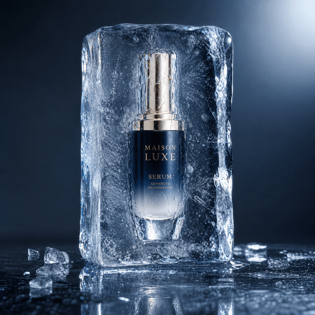Luxury serum bottle frozen in transparent ice block. Studio spotlight lighting, perfect light refraction through ice, pr