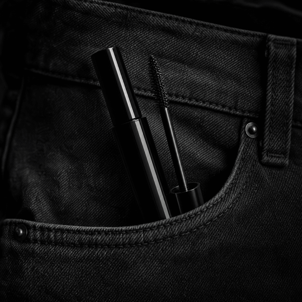 A sleek mascara container inside a charcoal denim back pocket, polished black material contrasted with rough textile fib