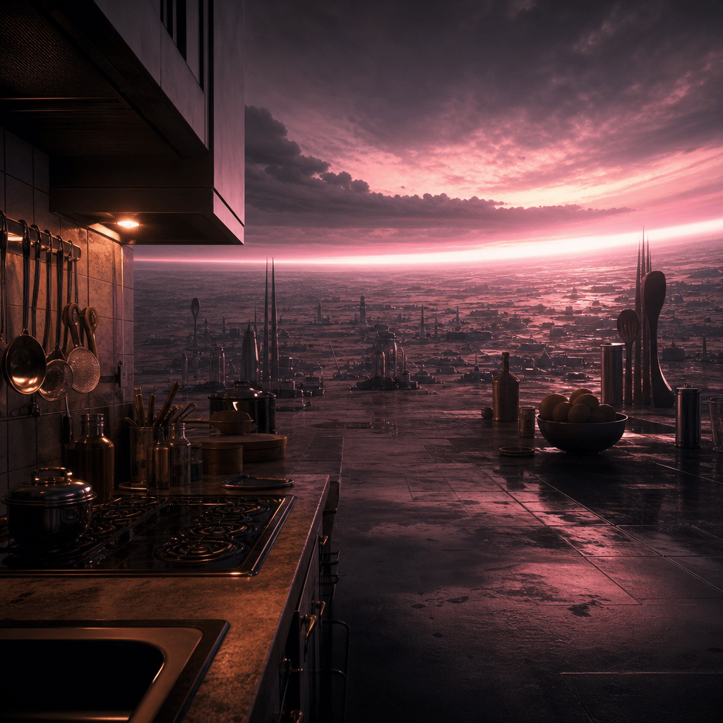 An ordinary kitchen expanded into a surreal panoramic landscape, countertops stretching toward a curved horizon and uten