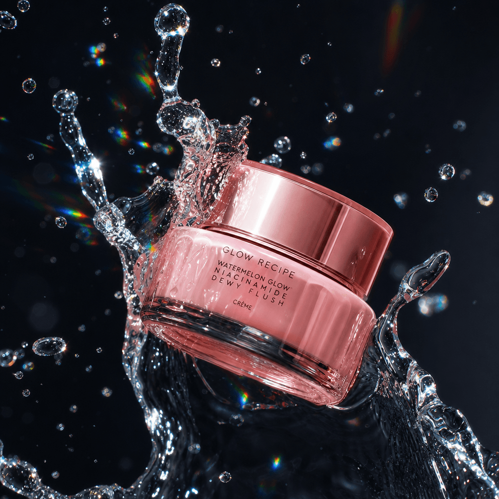 Clear water splashing around pink cosmetic container with rainbow light refraction on droplets, dark studio background, 