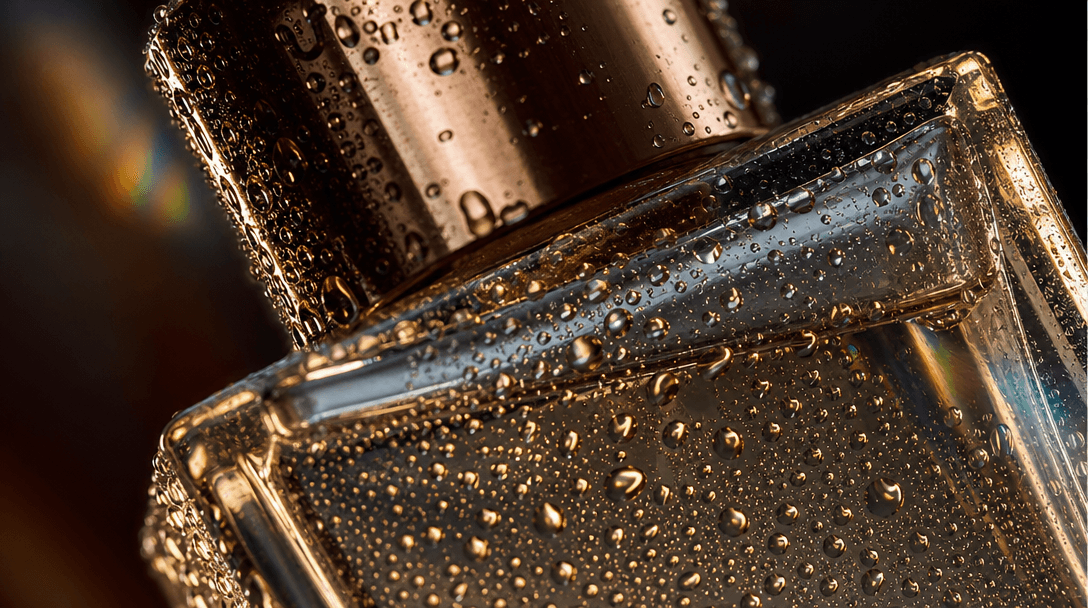 Cinematic macro product detail: water droplets beading on a glass cosmetics bottle, extreme close-up, razor-sharp focus 