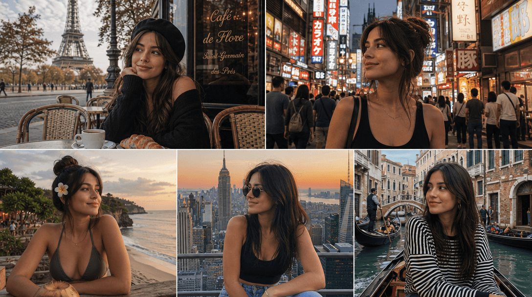 Split-screen showing same person in five different famous world locations: Paris café, Tokyo street, Bali beach, NYC roo