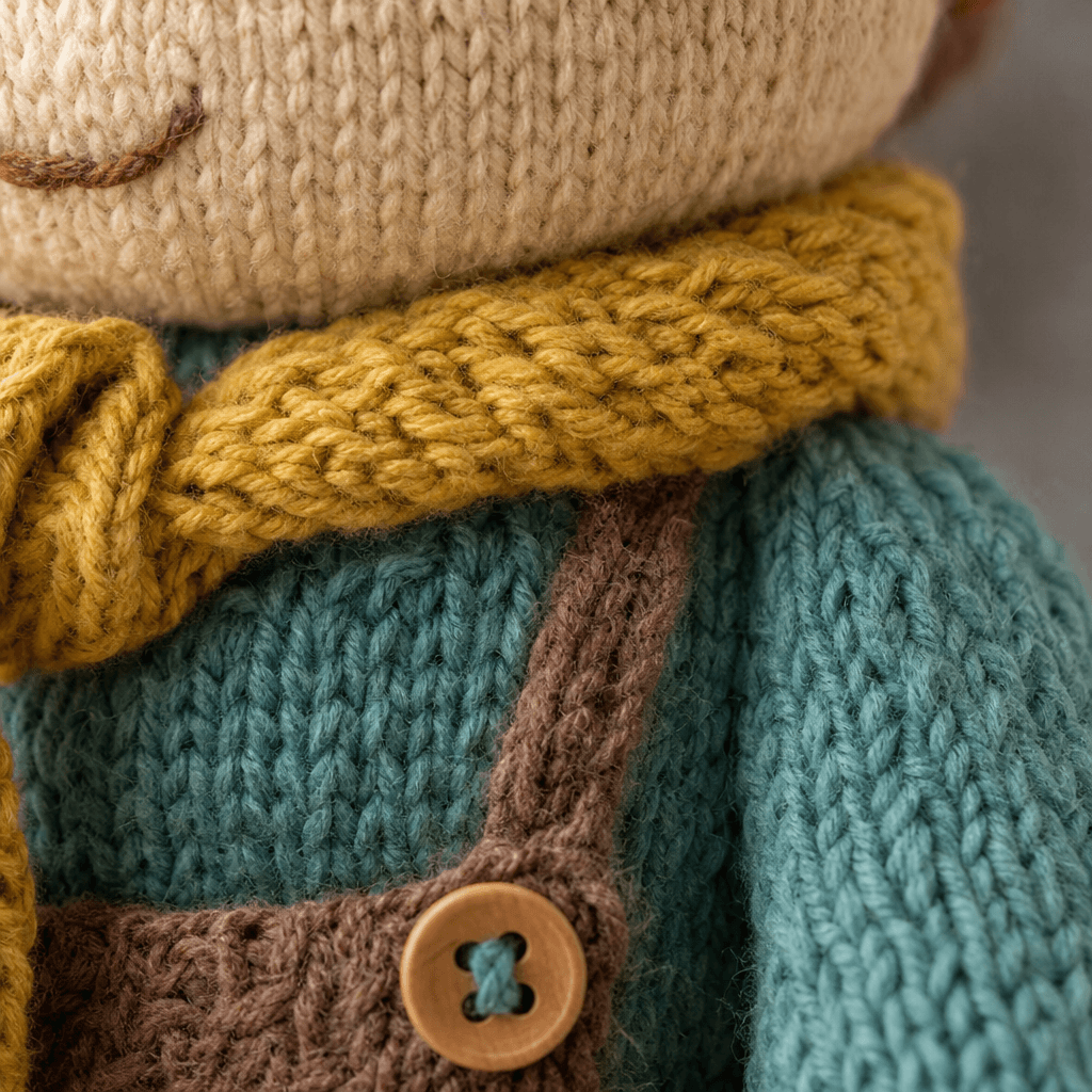 Close-up detail of knitted texture and stitch work on figure, yarn texture visible, dimensional knit surface, authentic 