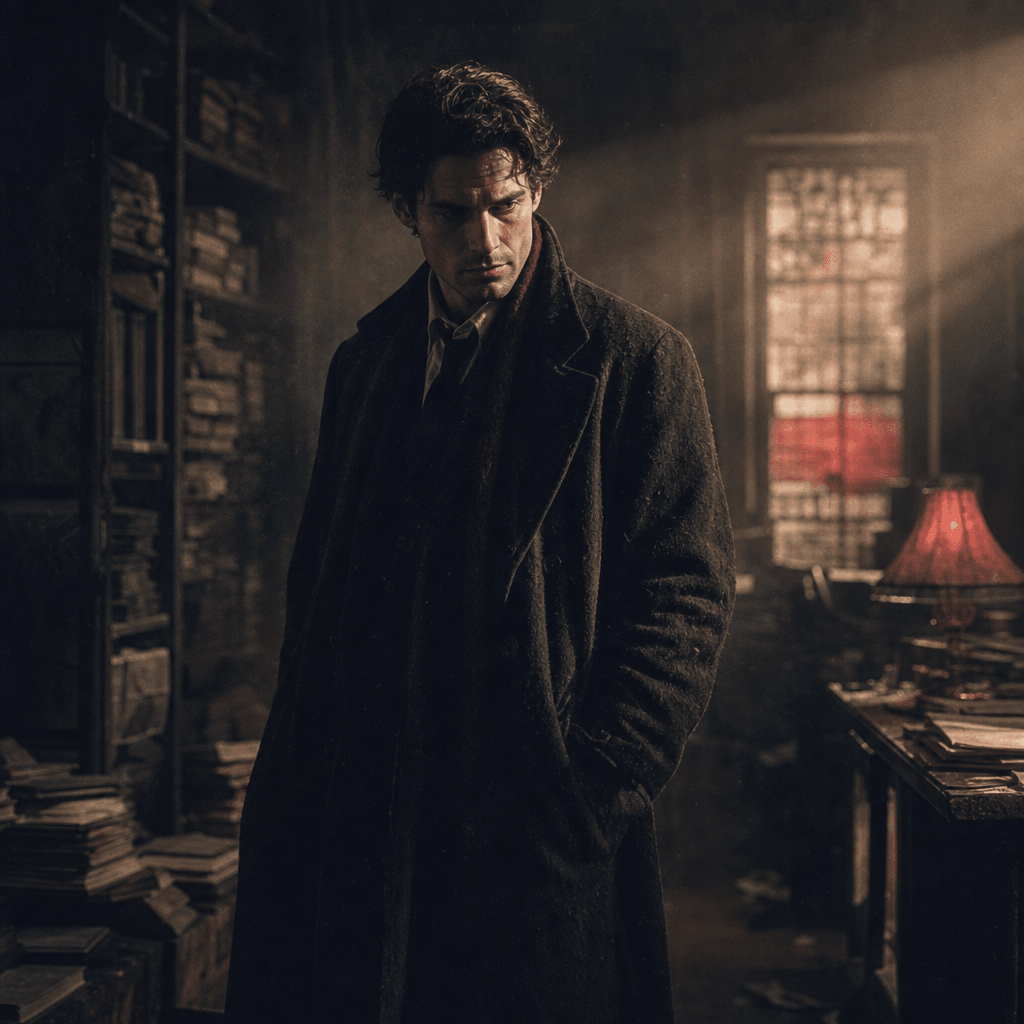 An original 1990s-inspired supernatural detective portrait in a shadowy archive room, long textured coat, dusty shelves,