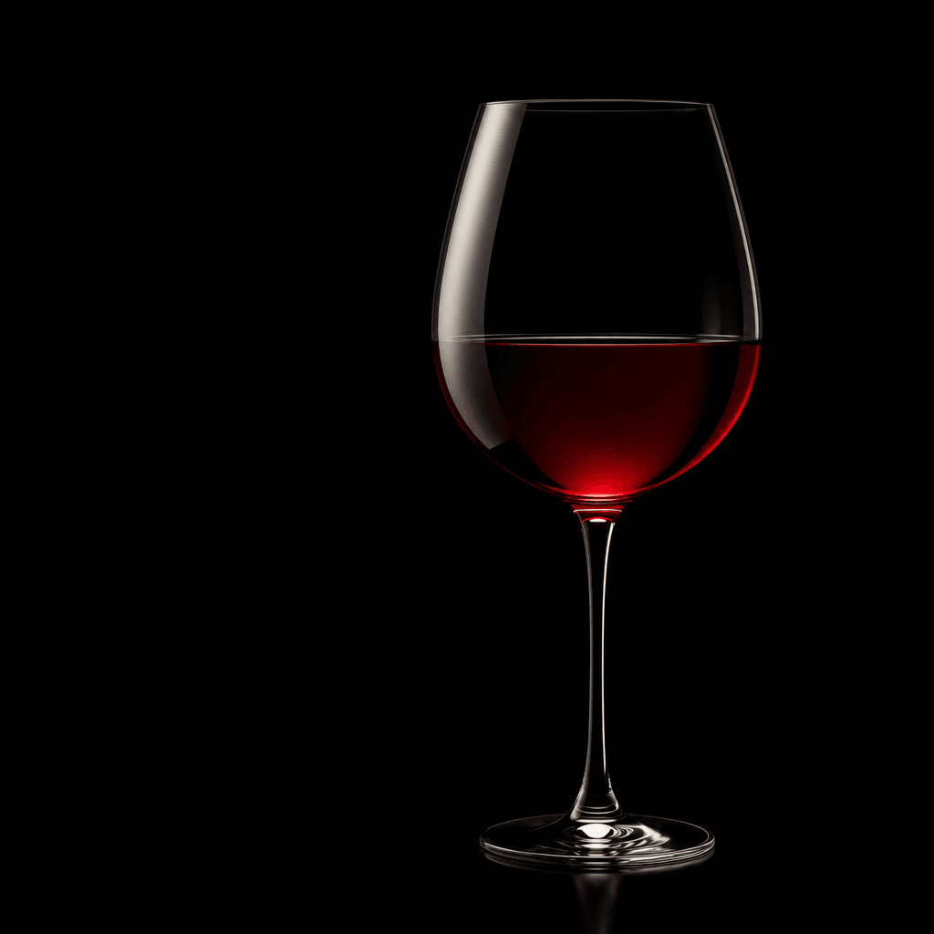 Minimalist wine still life composition. Single elegant wine glass with deep red wine against pure black negative space b