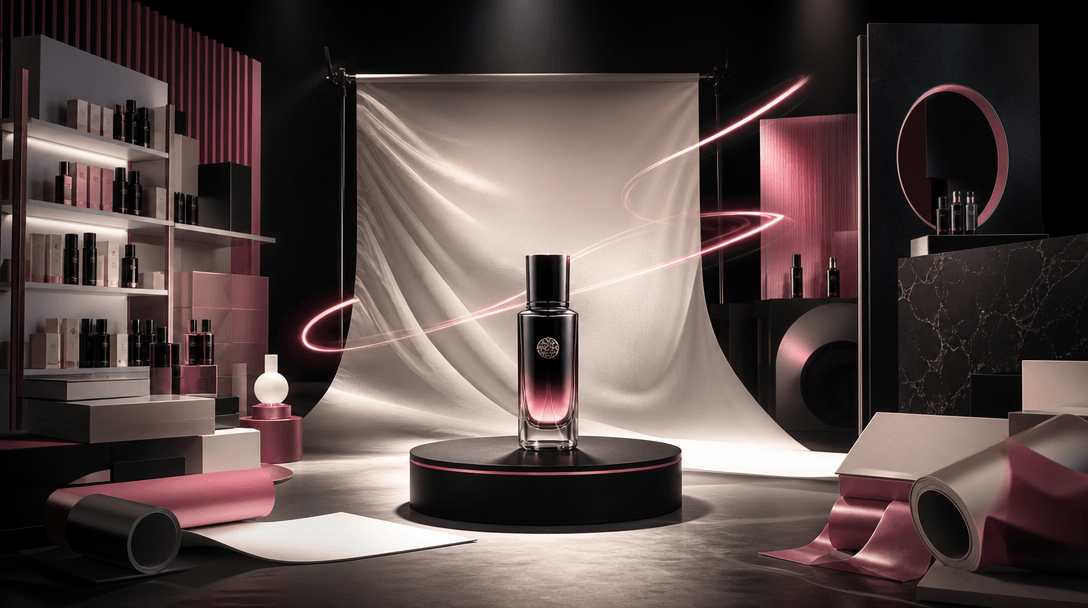 A beauty product at the center of an expansive campaign set where retail shelving, photographic backdrops, packaging mat