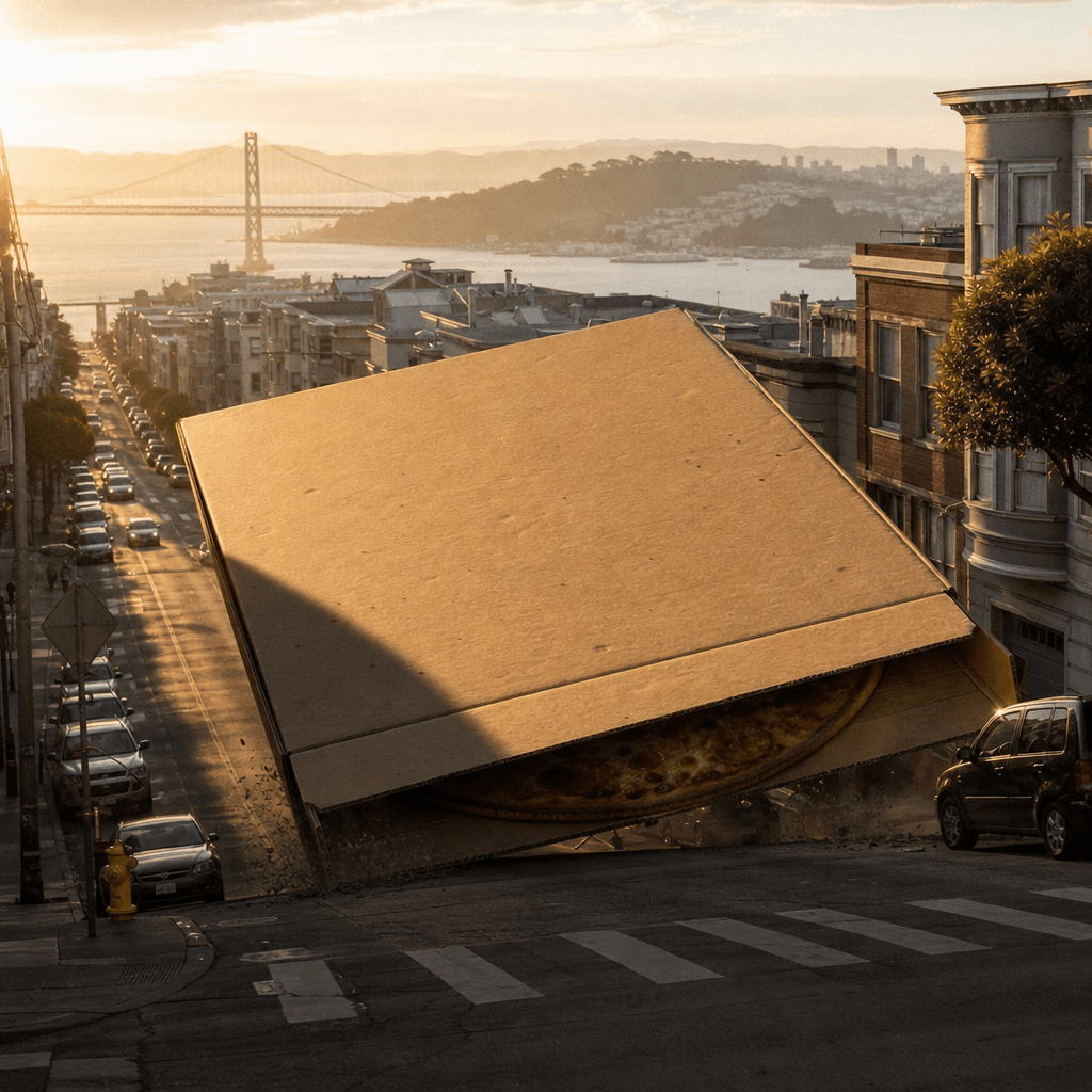 Enormous pizza box sliding down a steep San Francisco-style hill street at golden hour, casting a massive rolling shadow
