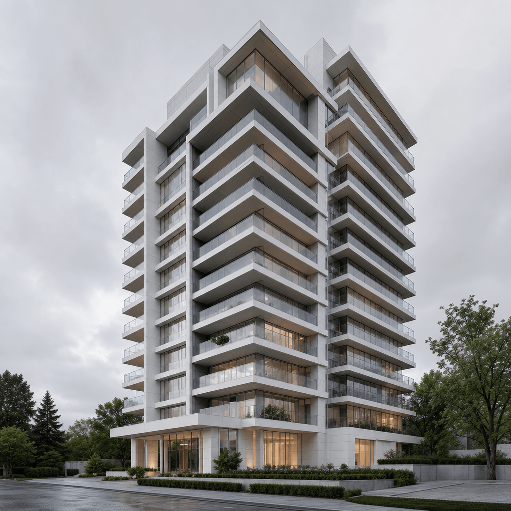 High-resolution architectural CGI render of a modernist residential tower, crisp white concrete and floor-to-ceiling gla