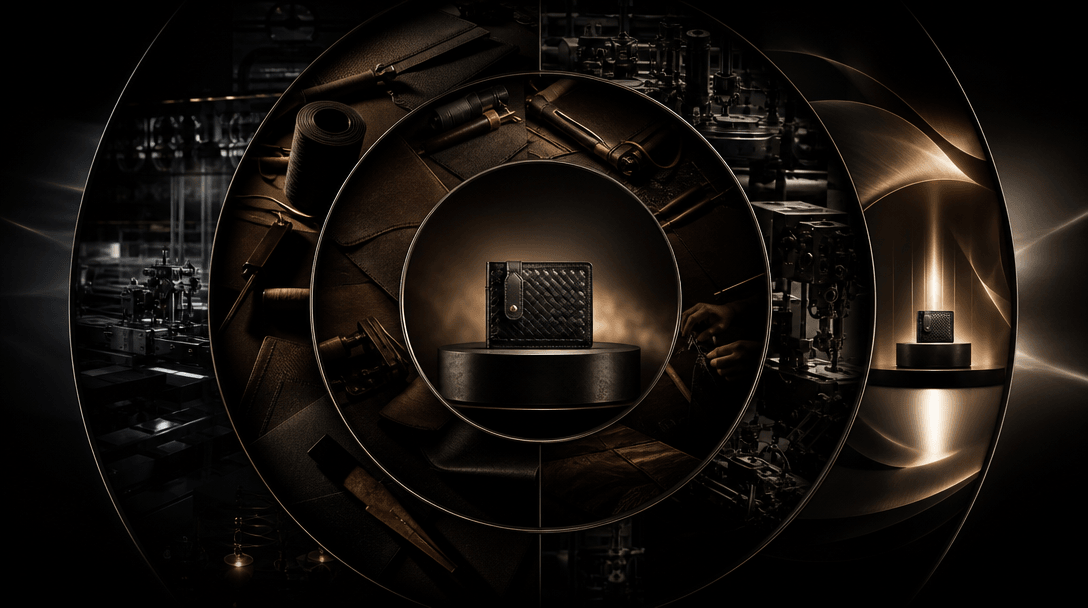 A finished accessory at the center of expanding concentric campaign scenes: workshop materials, factory machinery, produ