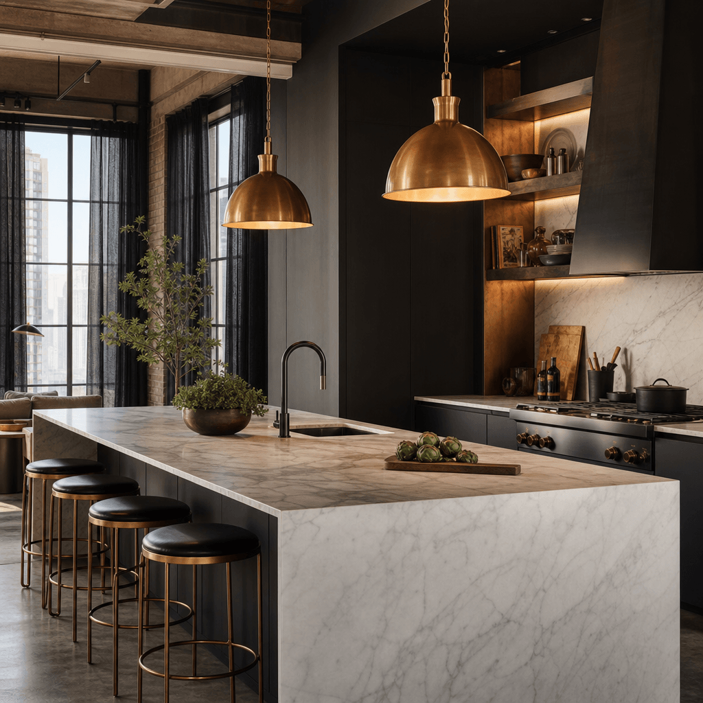 Contemporary open kitchen with floor-to-ceiling black linen curtains on large windows, sleek honed marble countertops, m