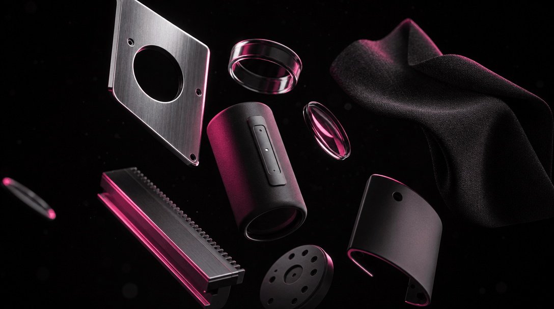 A carefully arranged collection of premium product materials floating in darkness: brushed aluminum, matte polymer, opti