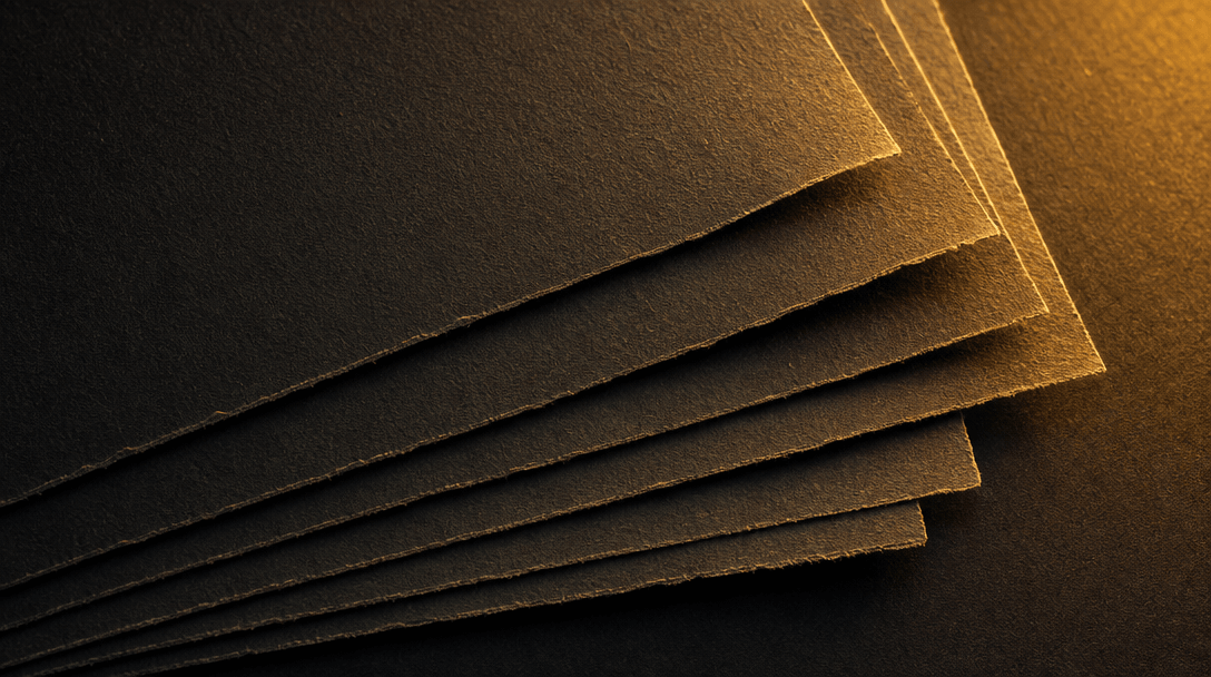 Abstract macro texture: layered sheets of dark matte paper fanned out on a black surface, edge-lit in warm gold from one