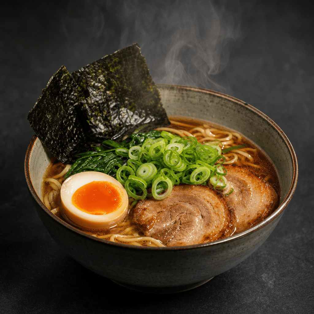 Studio product shot of a ceramic bowl of ramen — vibrant soft-boiled egg, nori sheets, scallion rings — illuminated by d