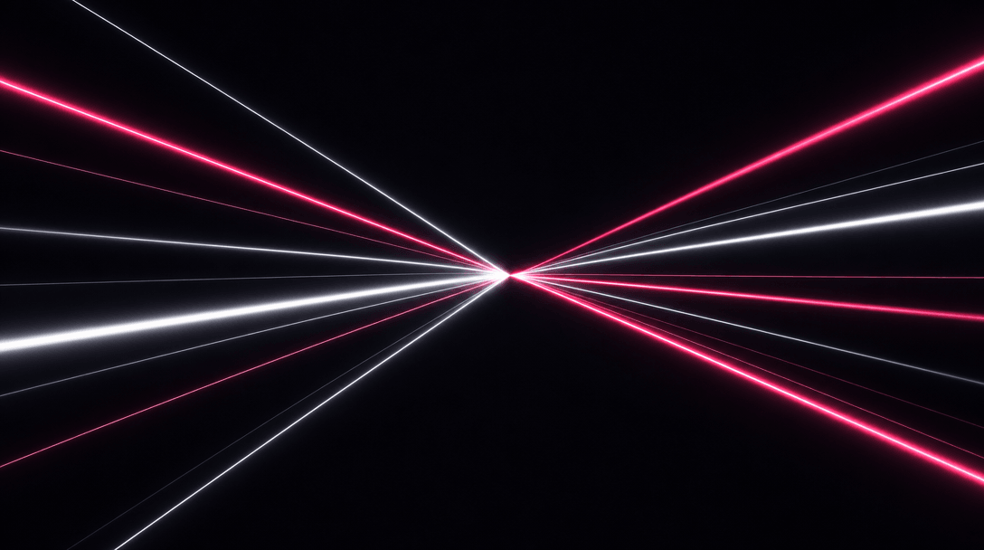 Abstract dark editorial image of multiple converging light beams against a near-black #0A0A0F background — white and hot
