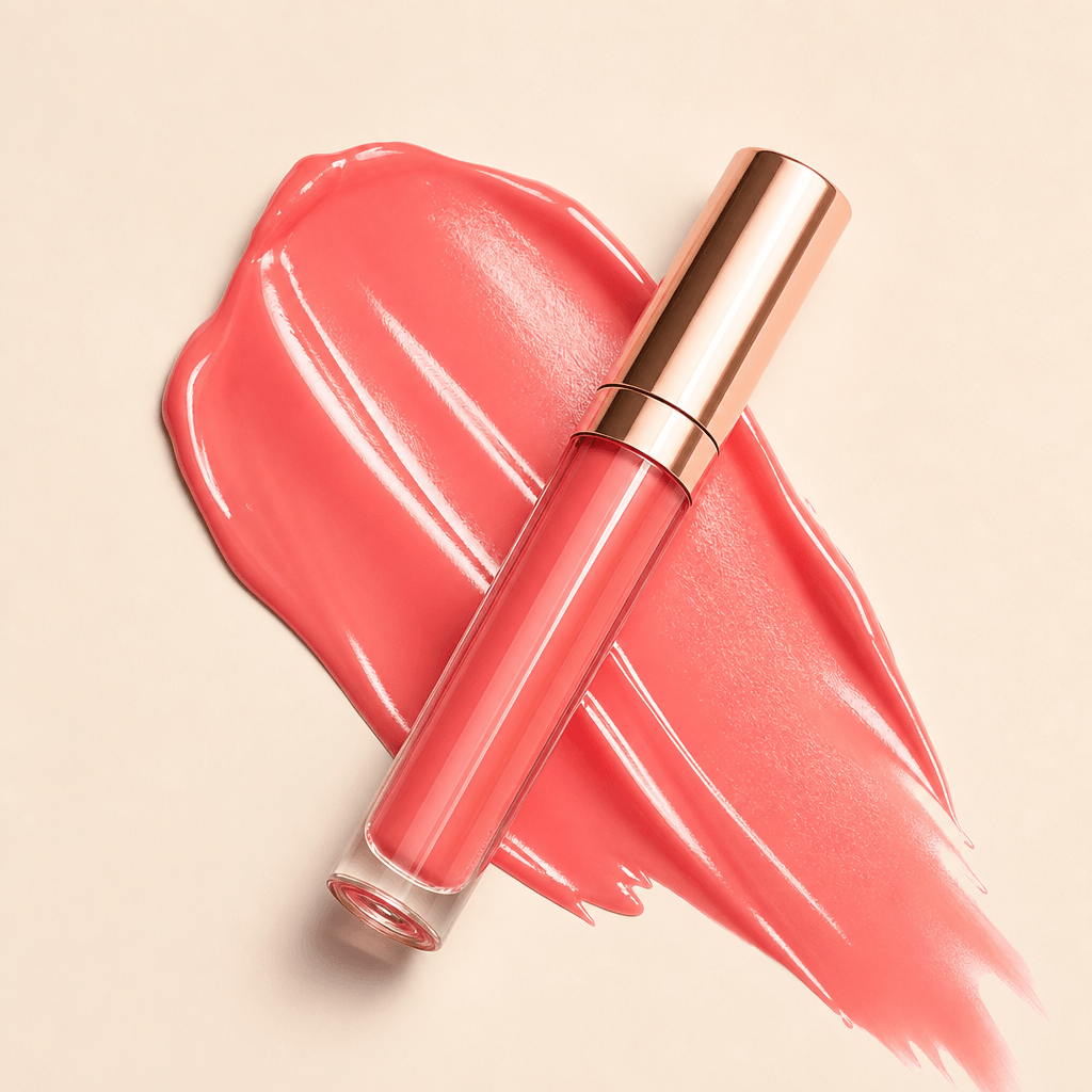 Coral-pink lip gloss tube resting diagonally on a fresh glossy smear of matching coral tone against a warm cream surface