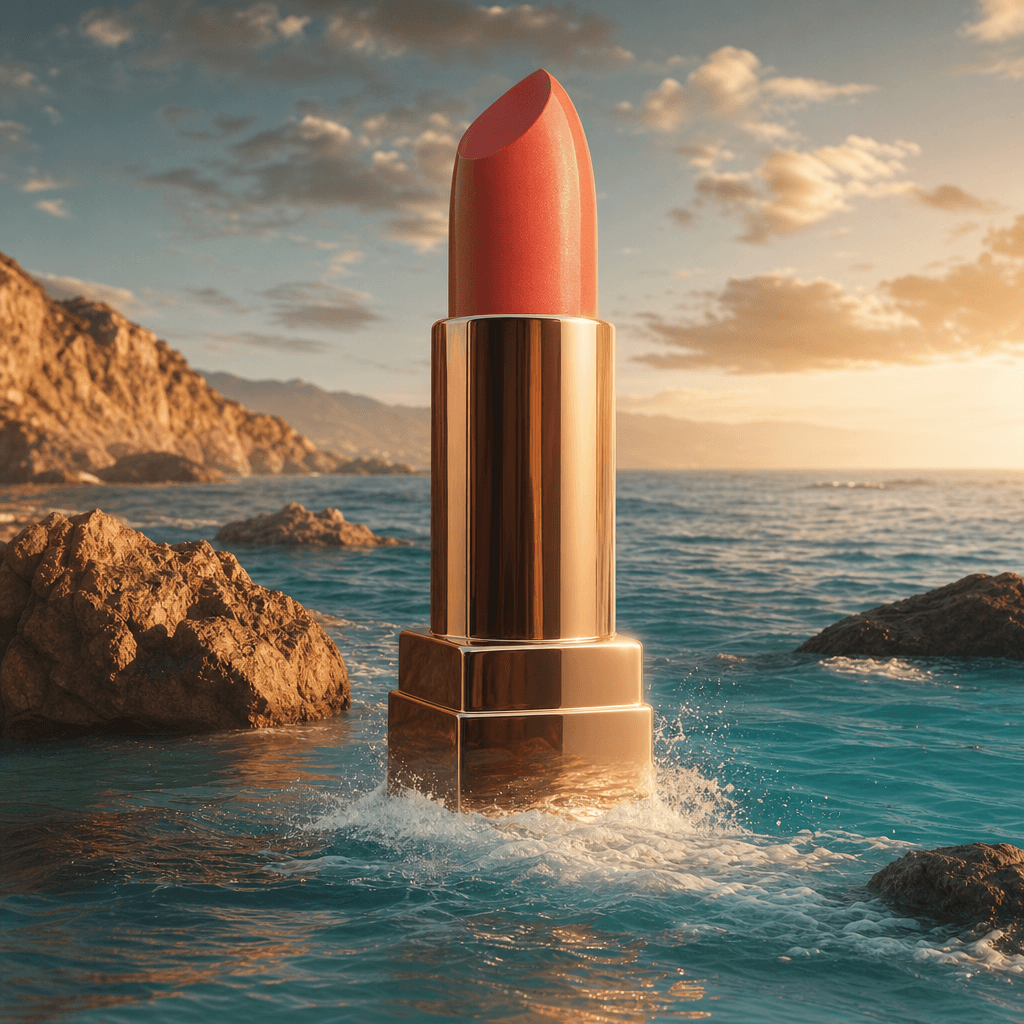 A giant coral-toned lipstick emerging from turquoise water like a surreal coastal monument, sunlit foam tracing the base