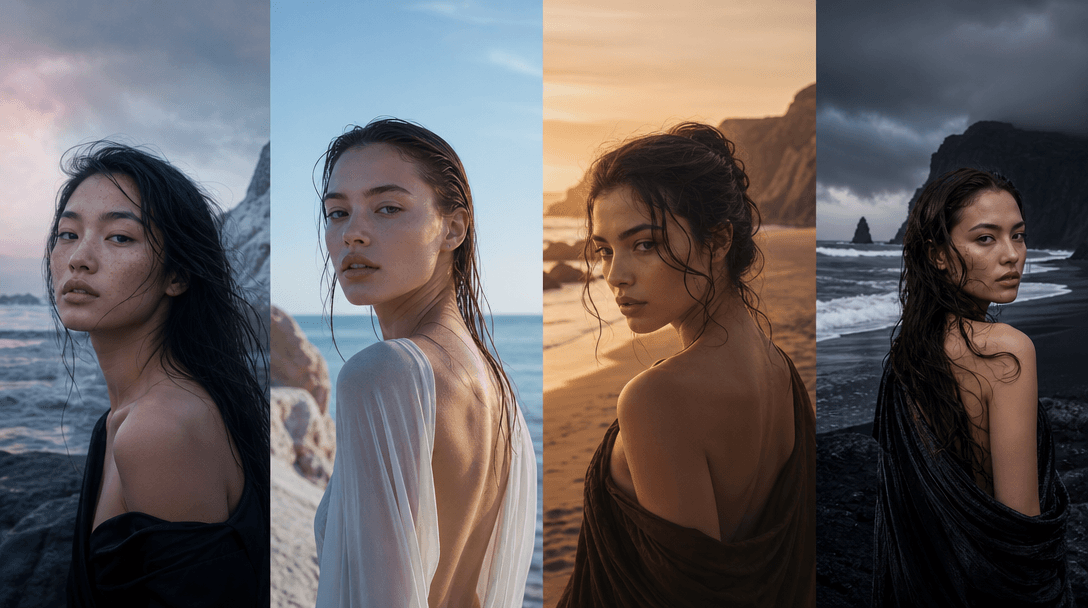 Four connected coastal atmospheres transitioning across one scene: cool mineral dawn, bright clean shore, warm golden sa