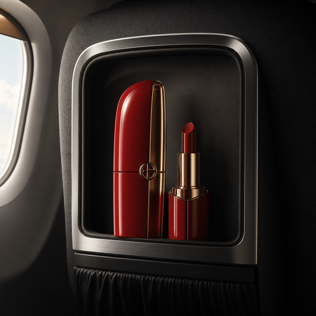 Luxury lipstick campaign integrated into an airplane cabin seatback, sculptural red cosmetic case against deep charcoal 