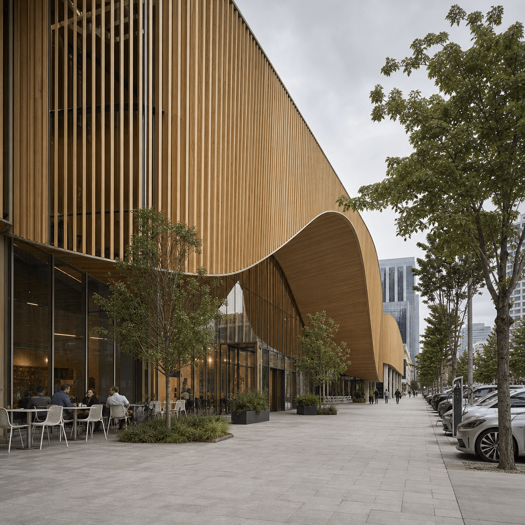 A parametric timber-clad cultural centre on a North American downtown street under bright overcast sky. Wide sidewalks, 
