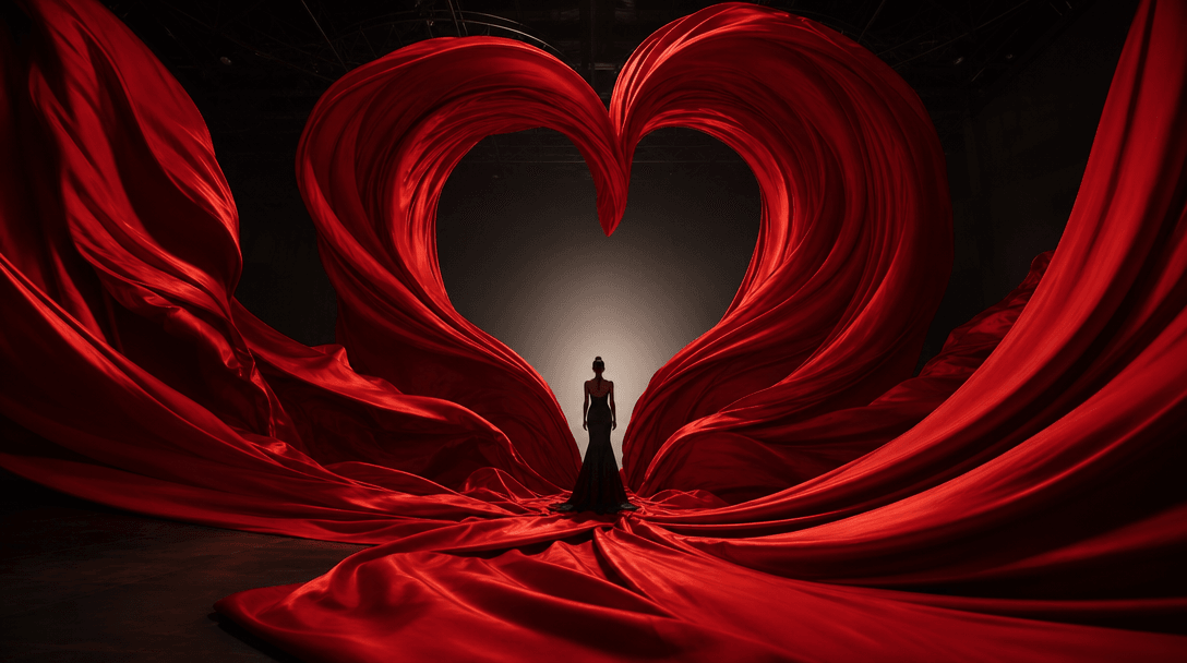 Monumental red silk sheets twisting through a dark soundstage to form a sculptural heart-shaped frame, small anonymous p