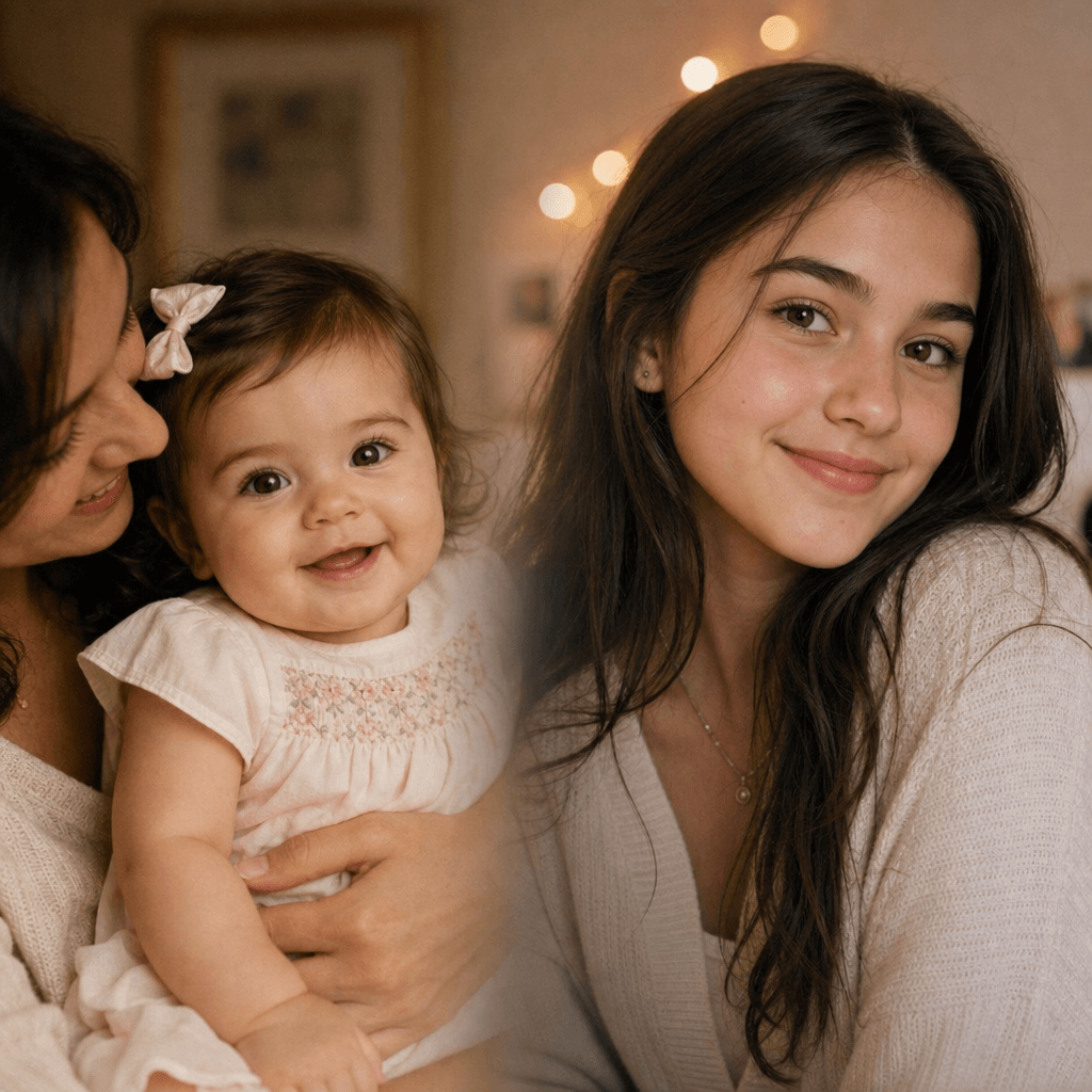 Before-and-after split showing baby photo on left transitioning to teenage portrait on right. Seamless blend, touching f