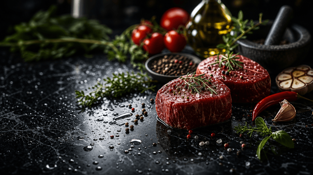 Dark sophisticated food environment scene. Glossy dark polished surface with artfully scattered culinary elements—fresh 