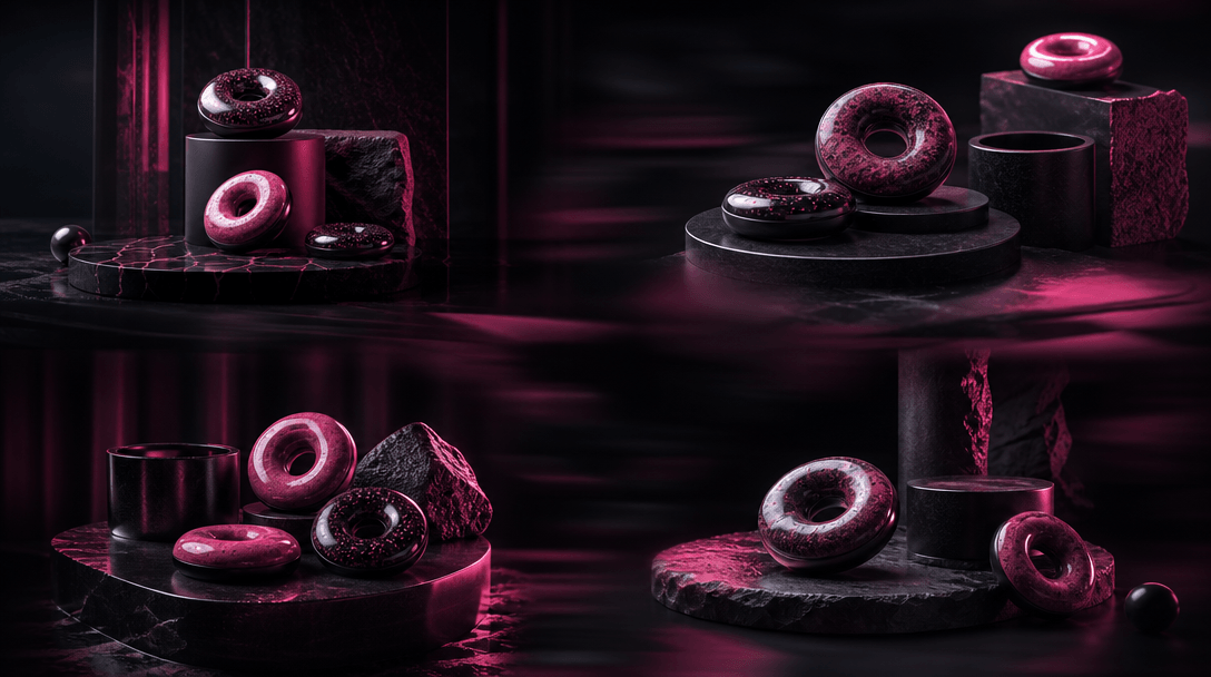 Four coordinated product-scene arrangements suggested through repeated geometric platforms, glaze textures, donut forms,