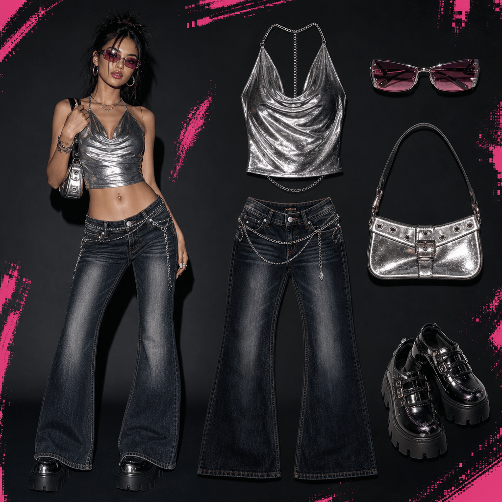 A square outfit breakdown for a vivid Y2K club look with a metallic silver top, low-rise dark jeans, compact shoulder ba